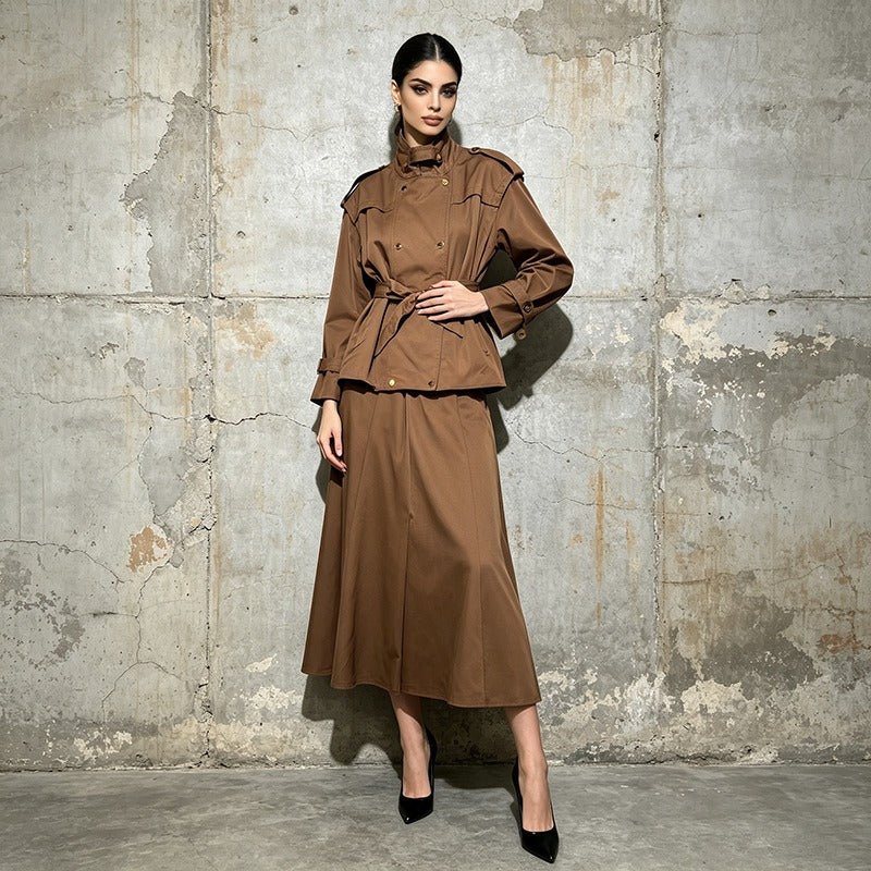 Brown Two Piece Trench Set Women | Belted Peplum Top & Midi Skirt Suit - Styeenigma