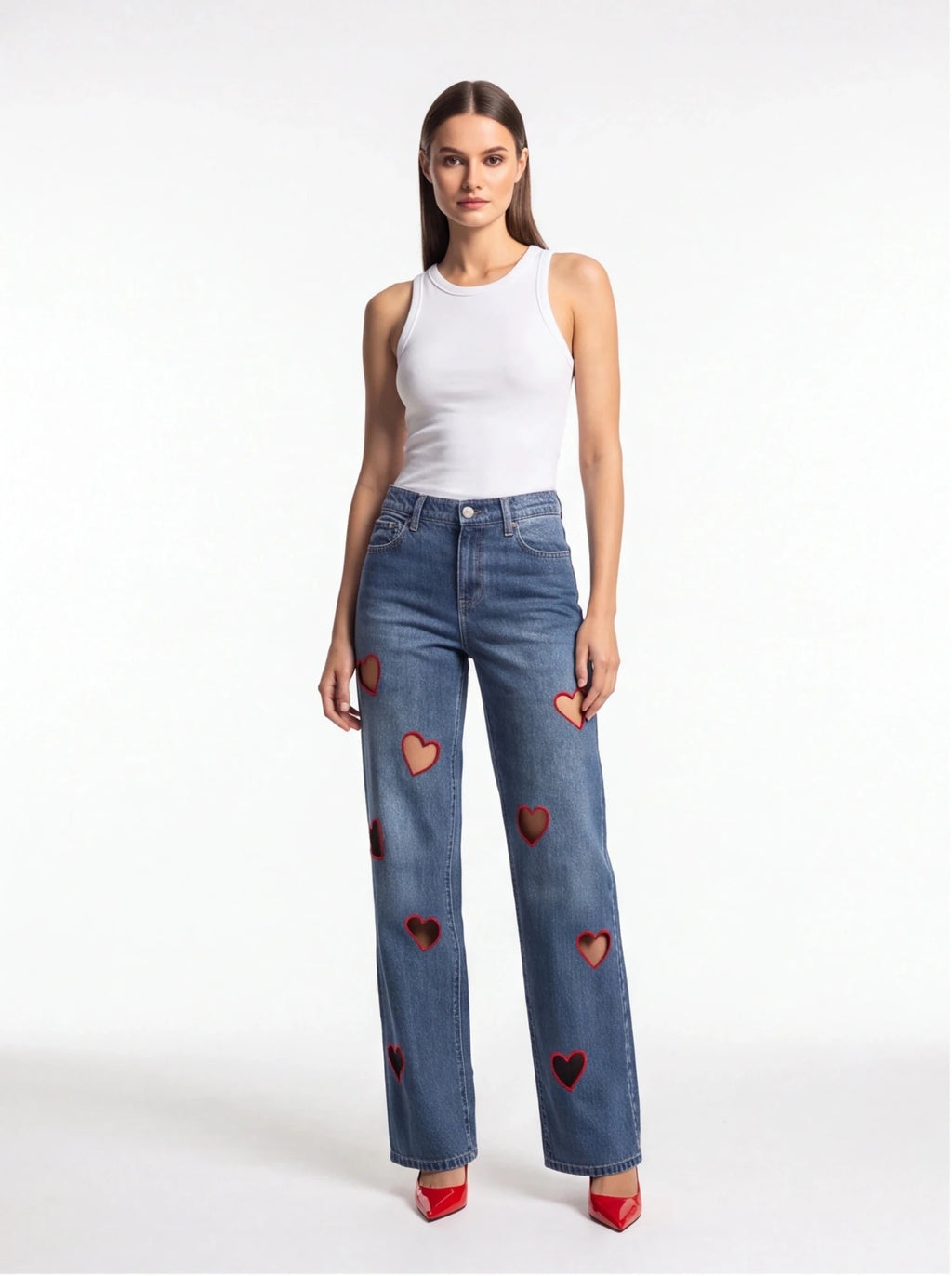 Straight-Leg High-Waist Denim Jeans – Hollow Heart Cut-Out Detail Pants - Styeenigma