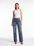 Straight-Leg High-Waist Denim Jeans – Hollow Heart Cut-Out Detail Pants - Styeenigma