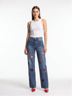 Straight-Leg High-Waist Denim Jeans – Hollow Heart Cut-Out Detail Pants - Styeenigma