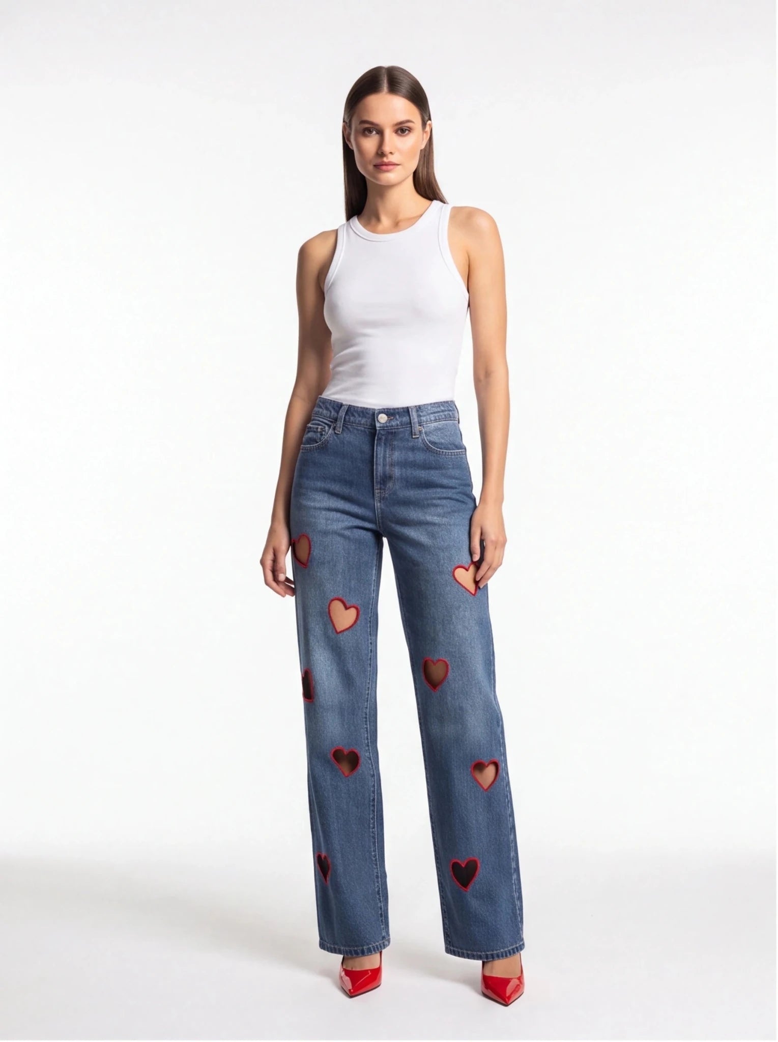 Straight-Leg High-Waist Denim Jeans – Hollow Heart Cut-Out Detail Pants - Styeenigma