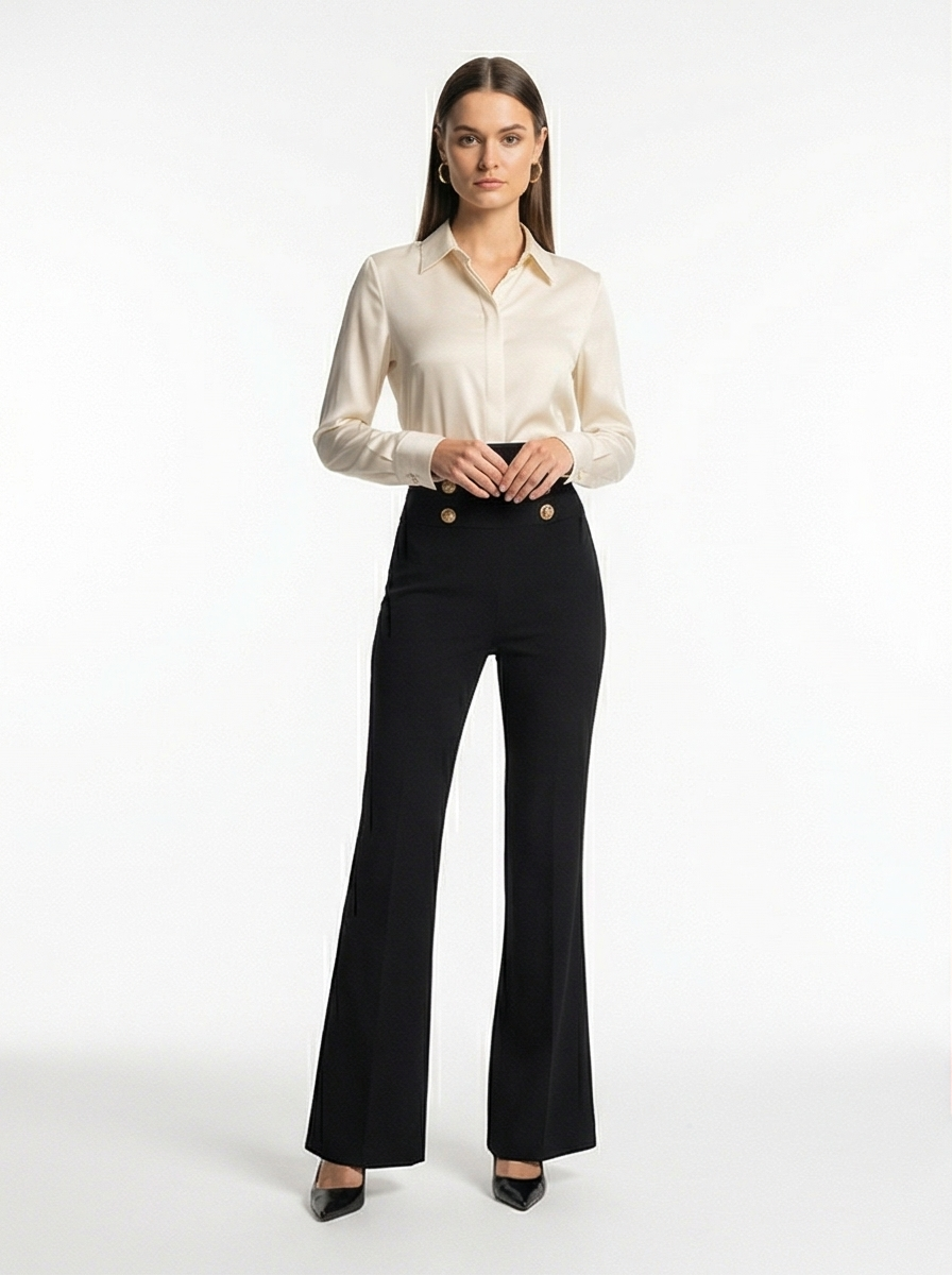 Woman wearing a white blouse and black pants on a white background