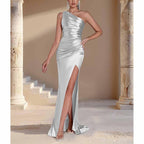 One Shoulder Satin Split Prom Dress | Long Evening Gown - Styeenigma
