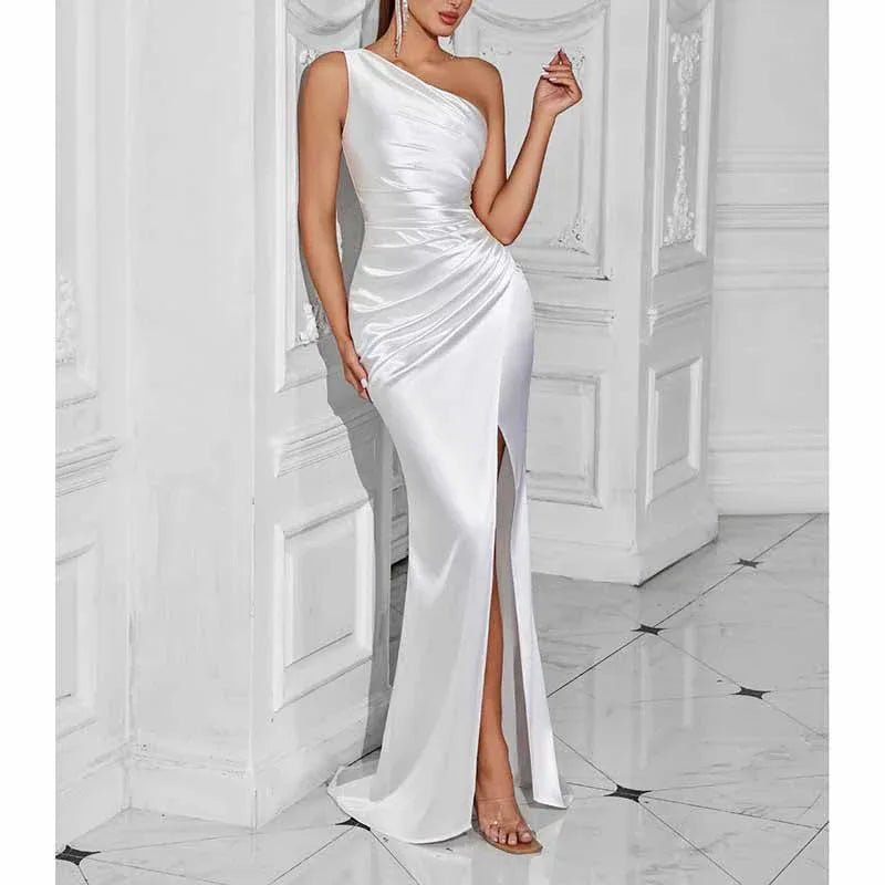 One Shoulder Satin Split Prom Dress | Long Evening Gown - Styeenigma