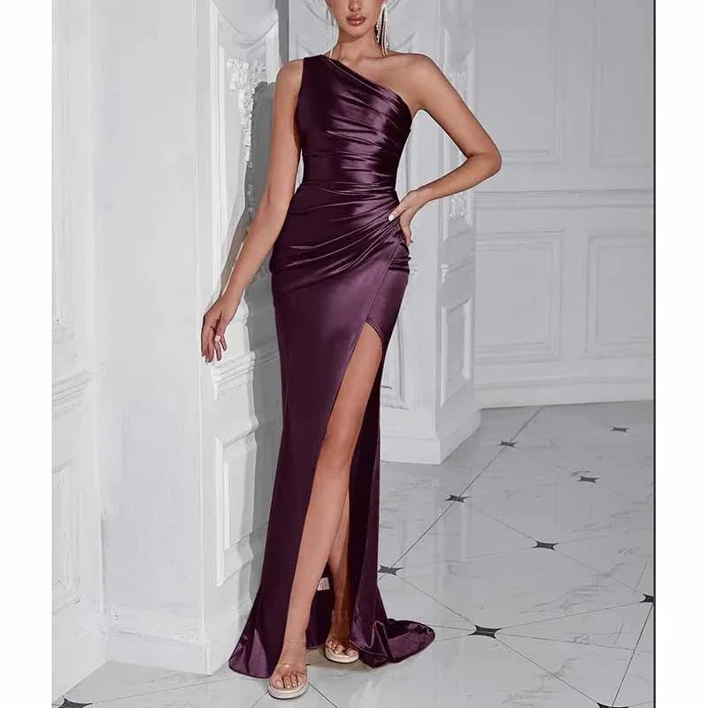 One Shoulder Satin Split Prom Dress | Long Evening Gown - Styeenigma