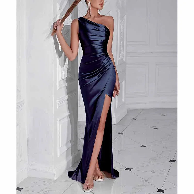 One Shoulder Satin Split Prom Dress | Long Evening Gown - Styeenigma