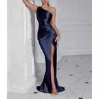 One Shoulder Satin Split Prom Dress | Long Evening Gown - Styeenigma