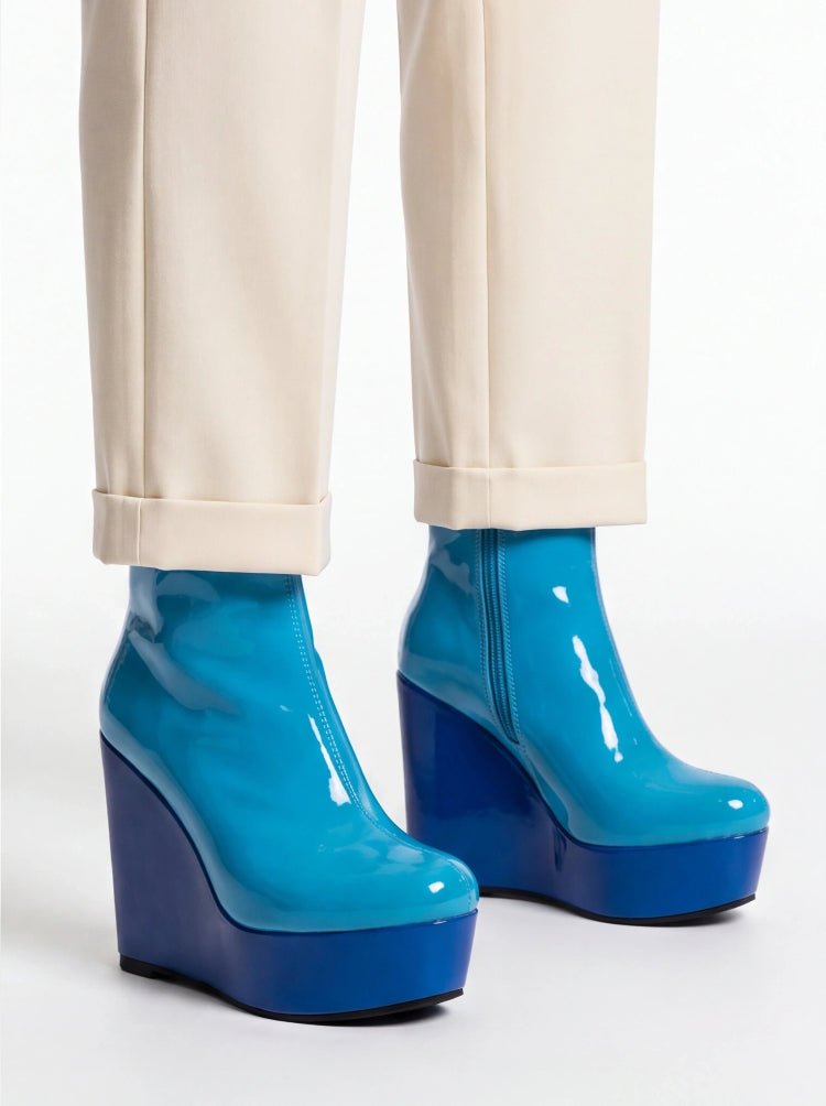 Blue Patent Faux Leather Wedge Platform Ankle Boots for Women - Styeenigma
