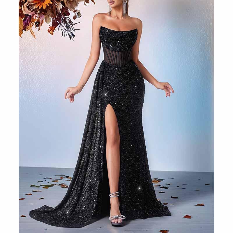 Sparkling Sequin Evening Dress – Corset Split Formal Gown - Styeenigma