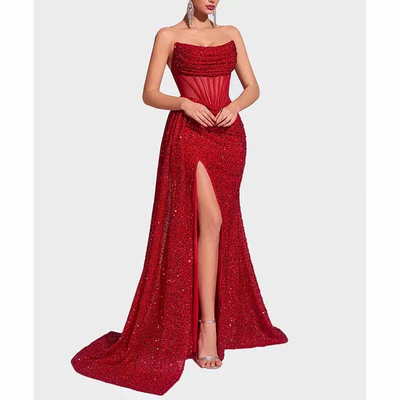 Sparkling Sequin Evening Dress – Corset Split Formal Gown - Styeenigma