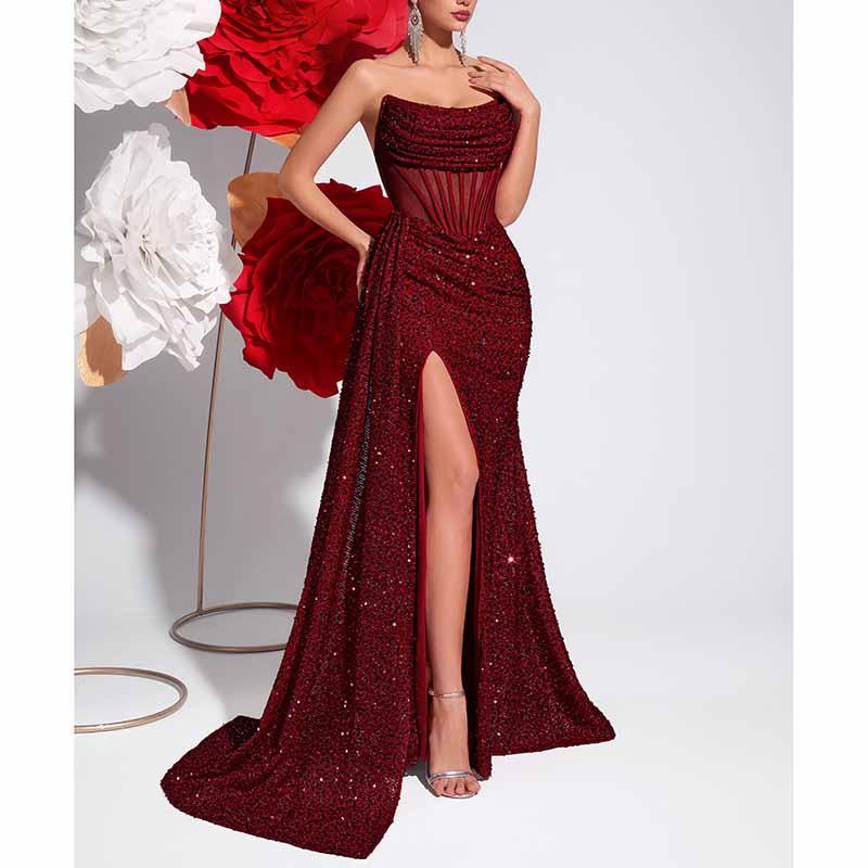Sparkling Sequin Evening Dress – Corset Split Formal Gown - Styeenigma