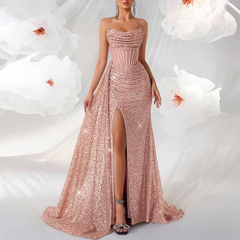 Sparkling Sequin Evening Dress – Corset Split Formal Gown - Styeenigma