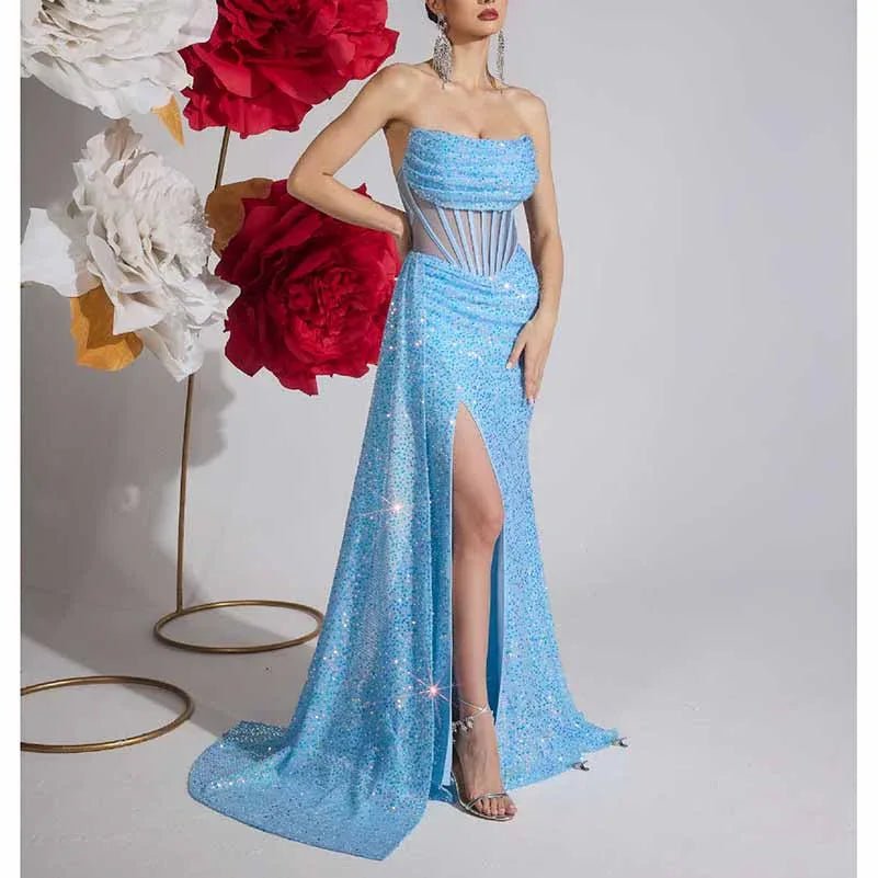 Sparkling Sequin Evening Dress – Corset Split Formal Gown - Styeenigma