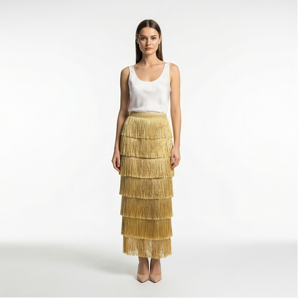 Woman wearing a white top and gold tiered skirt on a white background