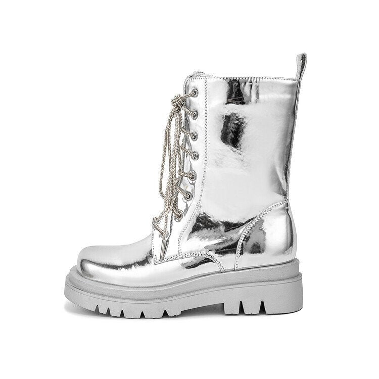 Silver Metallic Platform Boots Lace-Up Chunky Sole Martens Boots - Styeenigma