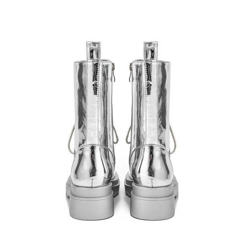 Silver Metallic Platform Boots Lace-Up Chunky Sole Martens Boots - Styeenigma