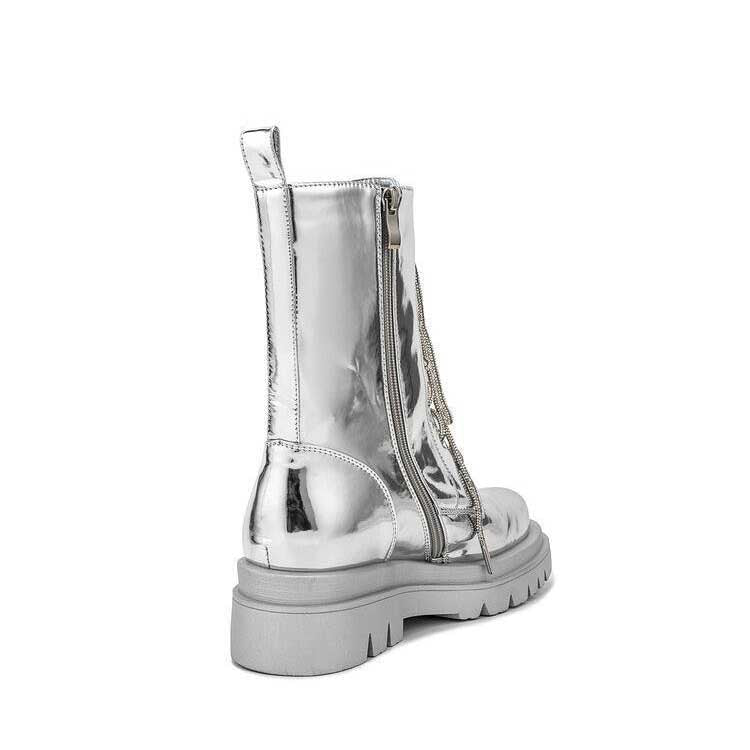 Silver Metallic Platform Boots Lace-Up Chunky Sole Martens Boots - Styeenigma