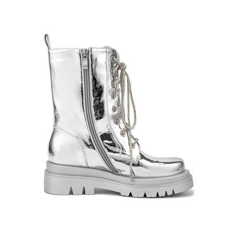 Silver Metallic Platform Boots Lace-Up Chunky Sole Martens Boots - Styeenigma