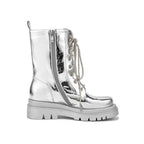 Silver Metallic Platform Boots Lace-Up Chunky Sole Martens Boots - Styeenigma