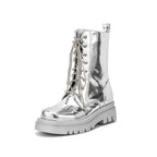 Silver Metallic Platform Boots Lace-Up Chunky Sole Martens Boots - Styeenigma