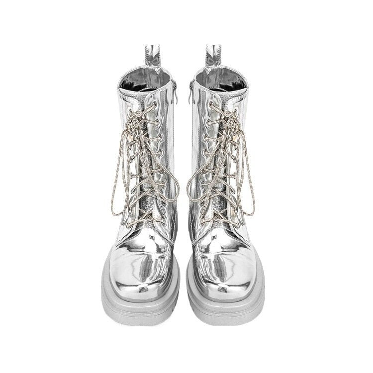 Silver Metallic Platform Boots Lace-Up Chunky Sole Martens Boots - Styeenigma