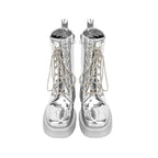 Silver Metallic Platform Boots Lace-Up Chunky Sole Martens Boots - Styeenigma