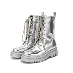 Silver Metallic Platform Boots Lace-Up Chunky Sole Martens Boots - Styeenigma