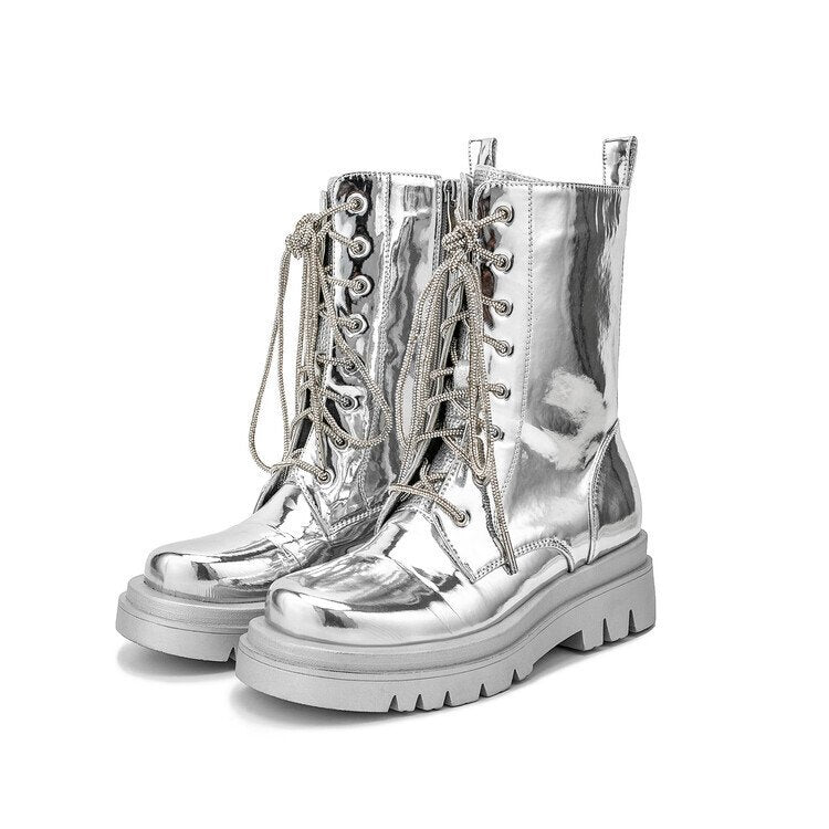 Silver Metallic Platform Boots Lace-Up Chunky Sole Martens Boots - Styeenigma
