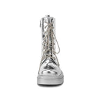 Silver Metallic Platform Boots Lace-Up Chunky Sole Martens Boots - Styeenigma