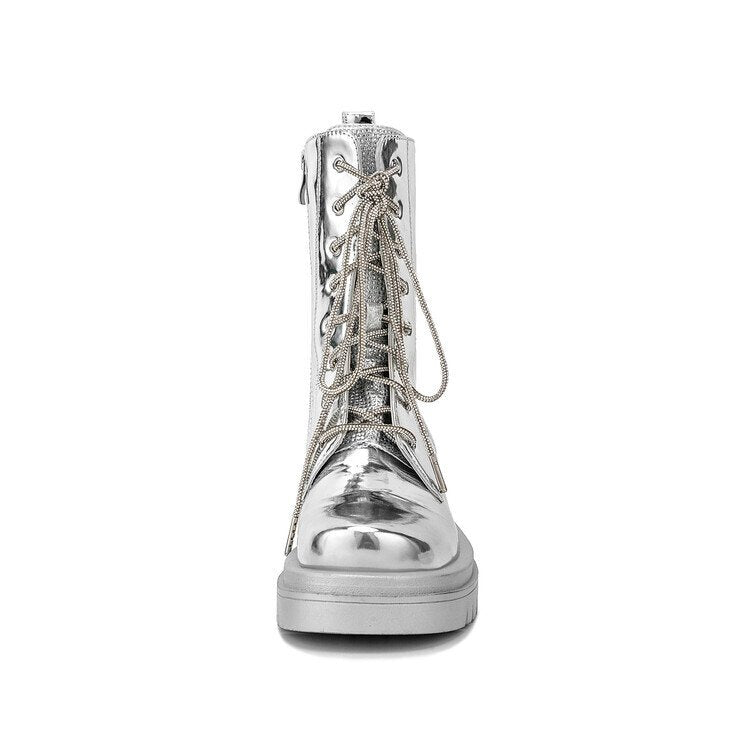 Silver Metallic Platform Boots Lace-Up Chunky Sole Martens Boots - Styeenigma