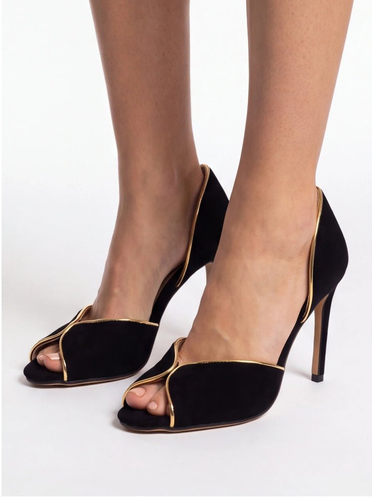 Women's Black Suede Peep Toe Stiletto Heels Gold Trim D'Orsay Pumps - Styeenigma