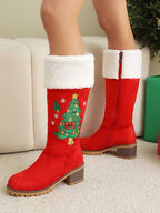 Red Christmas Tree Embroidered Knee High Boots Suede Block Heel Bootie