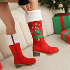 Red Christmas Tree Embroidered Knee High Boots Suede Block Heel Bootie