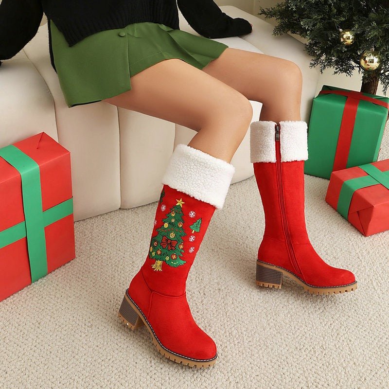 Red Christmas Tree Embroidered Knee High Boots Suede Block Heel Bootie