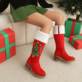 Red Christmas Tree Embroidered Knee High Boots Suede Block Heel Bootie