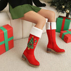 Red Christmas Tree Embroidered Knee High Boots Suede Block Heel Bootie