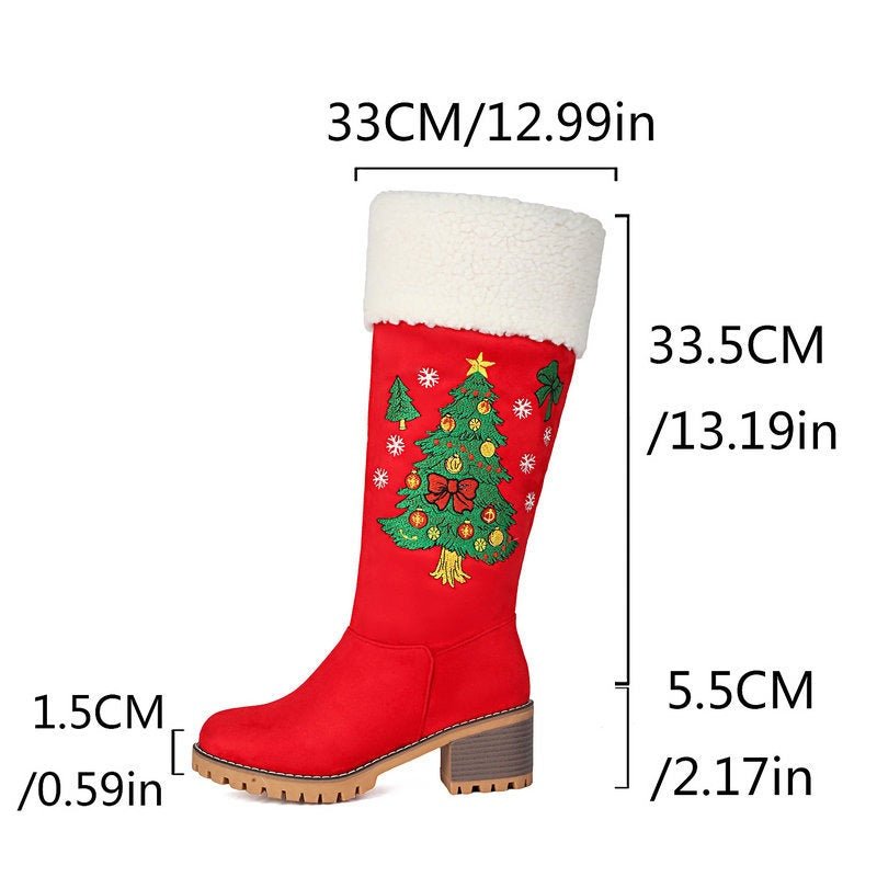 Red Christmas Tree Embroidered Knee High Boots Suede Block Heel Bootie