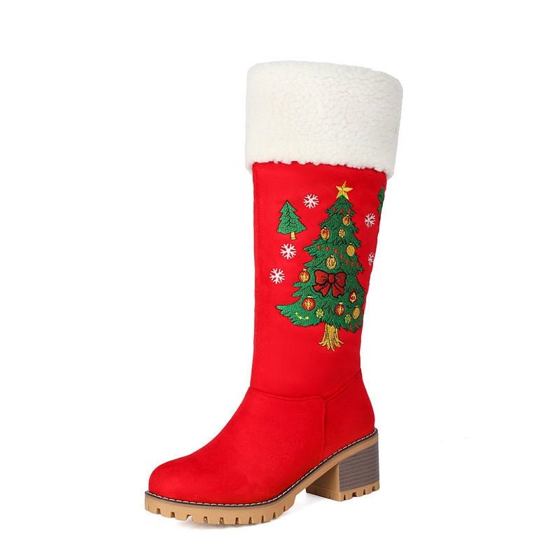 Red Christmas Tree Embroidered Knee High Boots Suede Block Heel Bootie