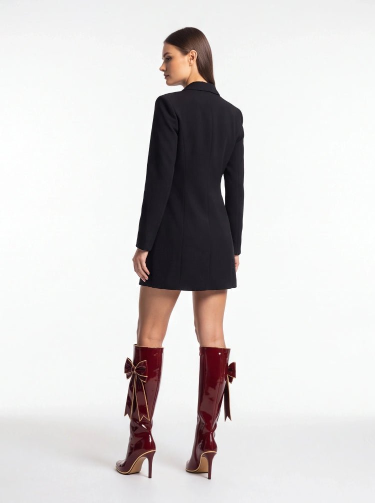 Wine Red Bow Knee High Boots Faux Leather Stiletto Heel Bootie - Styeenigma