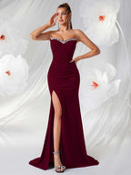 Elegant Strapless Evening Gown with High Slit | Formal Gala Dress for Weddings & Parties