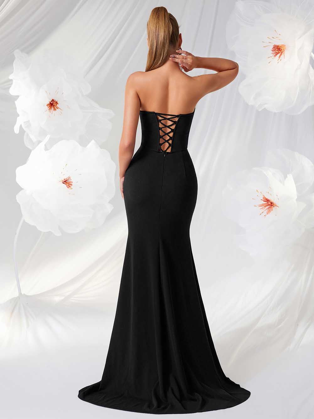 Elegant Strapless Evening Gown with High Slit | Formal Gala Dress for Weddings & Parties