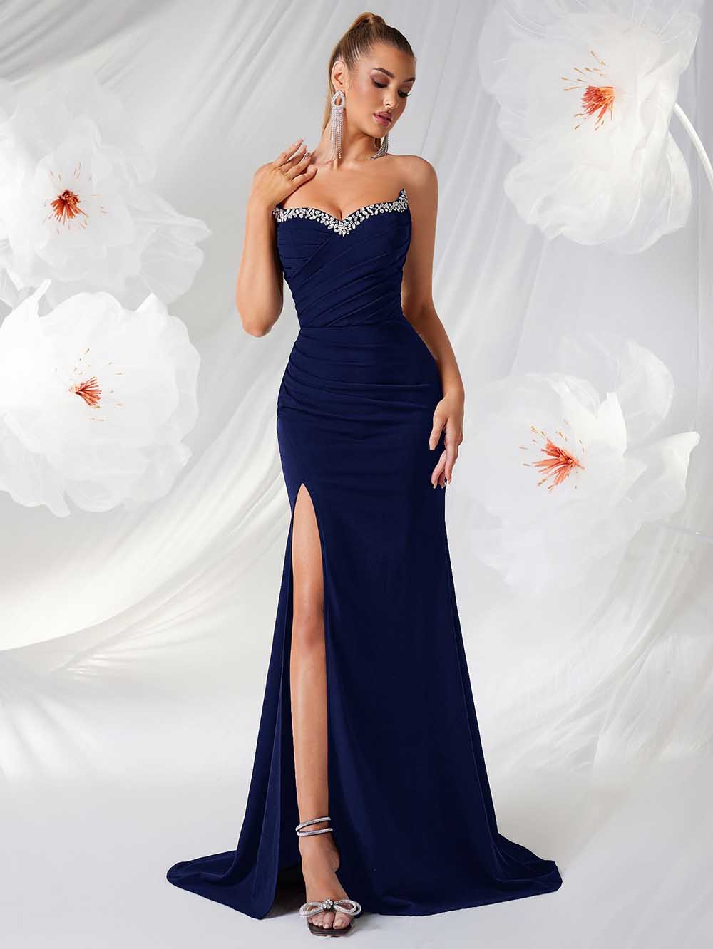 Elegant Strapless Evening Gown with High Slit | Formal Gala Dress for Weddings & Parties