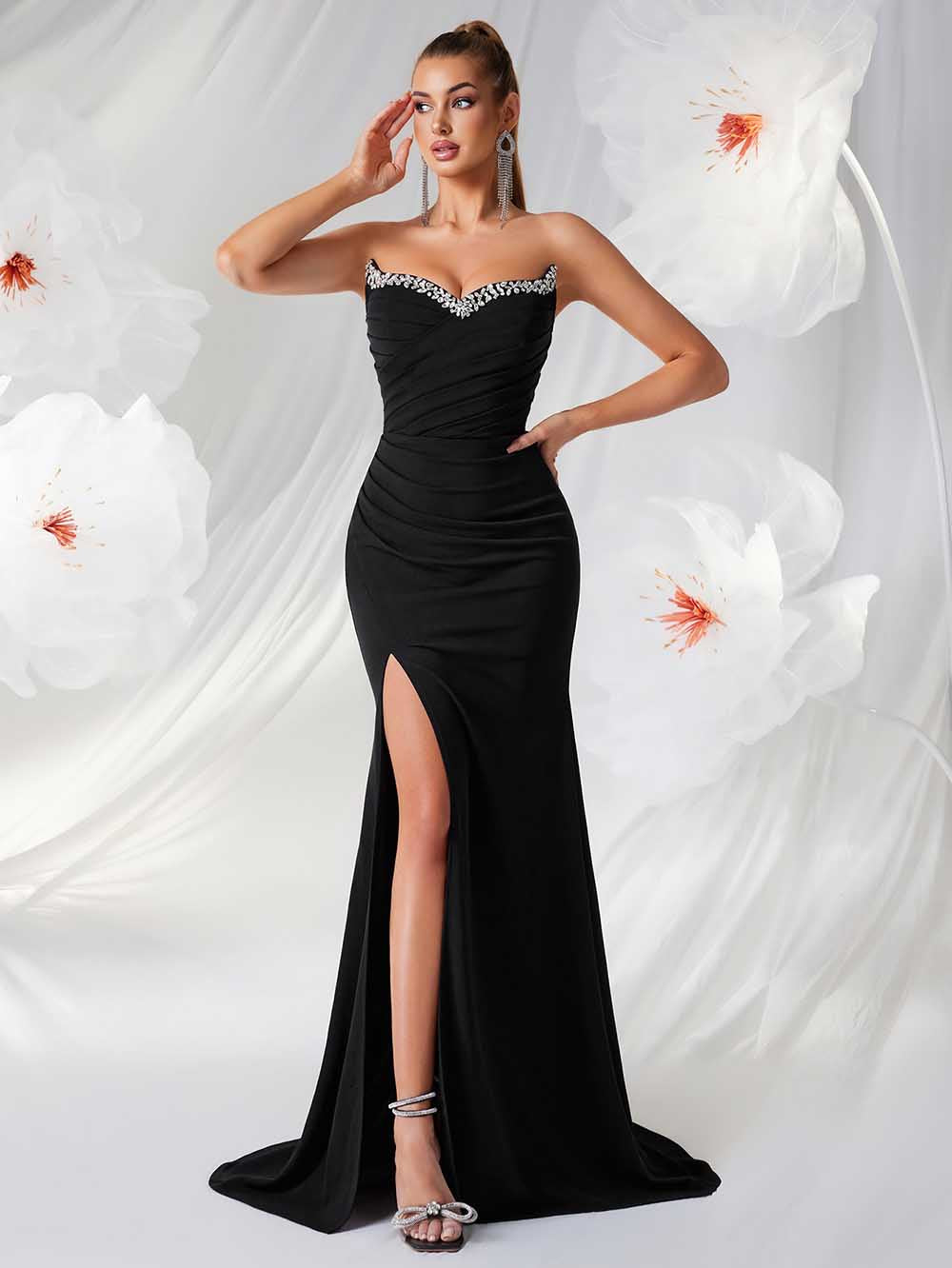 Elegant Strapless Evening Gown with High Slit | Formal Gala Dress for Weddings & Parties