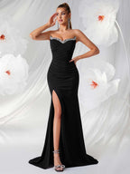 Elegant Strapless Evening Gown with High Slit | Formal Gala Dress for Weddings & Parties