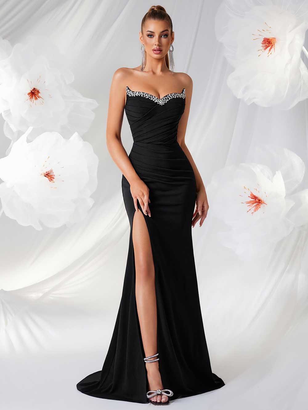 Elegant Strapless Evening Gown with High Slit | Formal Gala Dress for Weddings & Parties