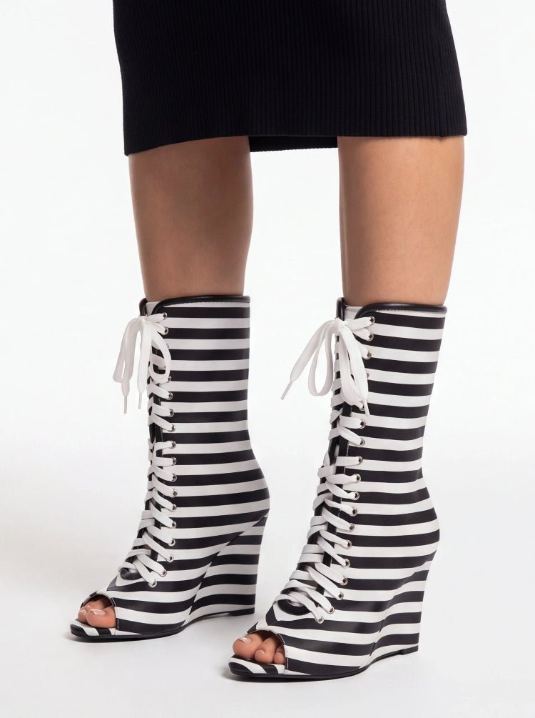 Striped Faux Leather Wedge Boots Peep Toe Lace Up High Heel - Styeenigma