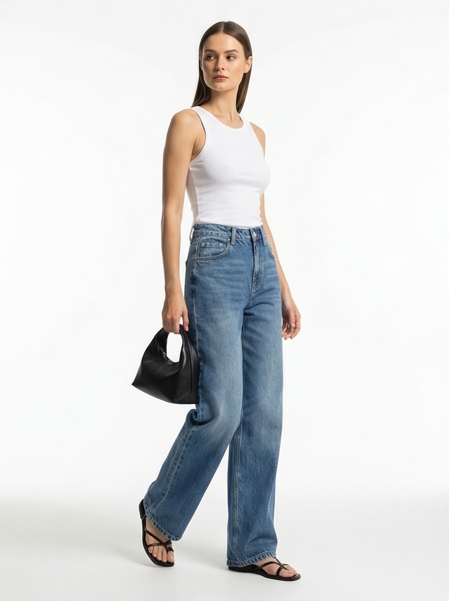 Woman wearing a white tank top and blue jeans holding a black handbag on a white background