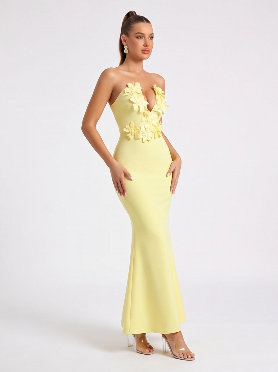 Model wearing Yellow Mermaid Dress at Evening Event