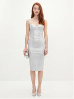Woman wearing a silver dress on a white background