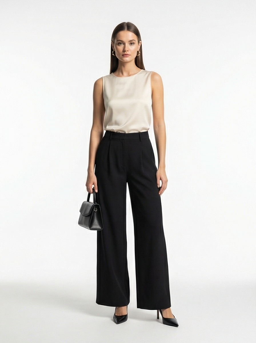 Woman wearing a beige sleeveless top and black wide-leg pants, holding a gray handbag on a white background.